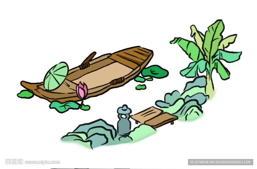 河边小船与绿植景象