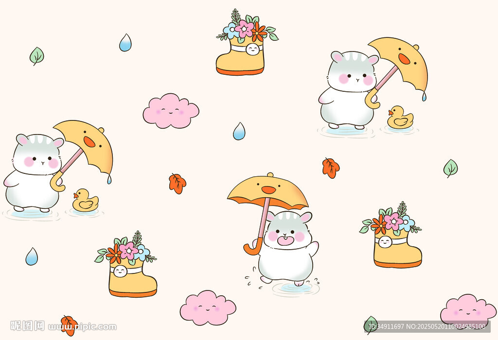 可爱仓鼠雨中玩耍插画
