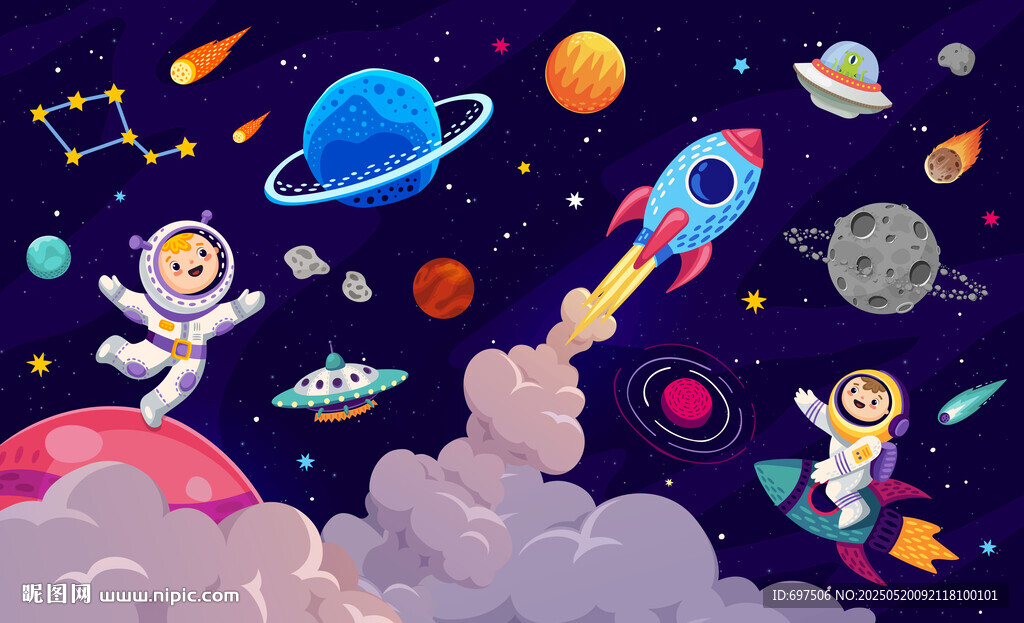 卡通宇宙火箭太空宇航员星球背景