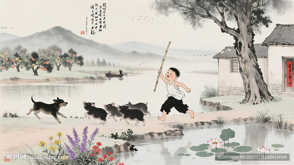国画青山水人物画山村远山装饰画