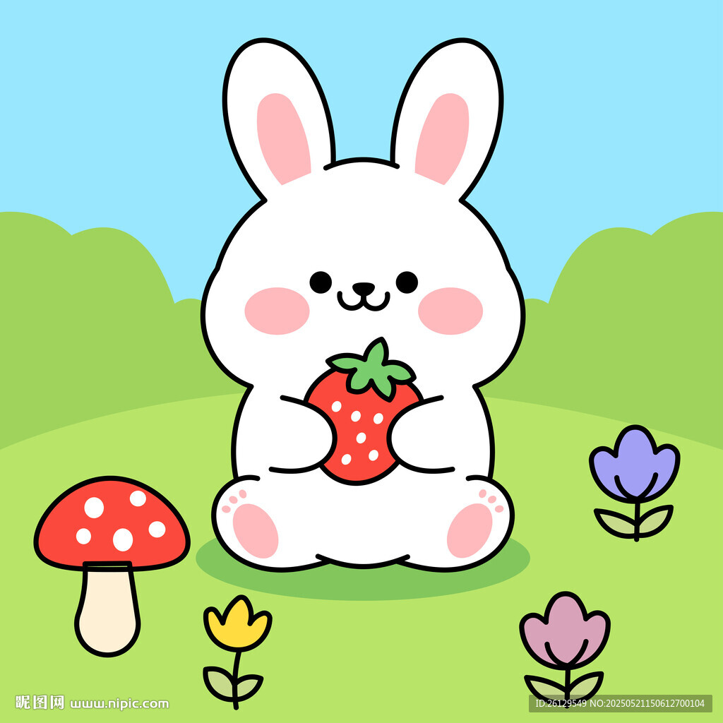 白兔持草莓于花草间