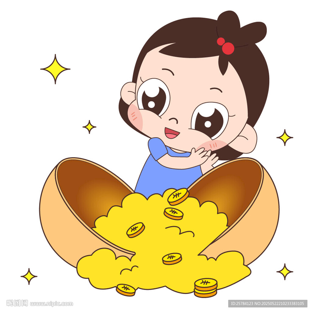 春节新年小朋友开金蛋金币插画