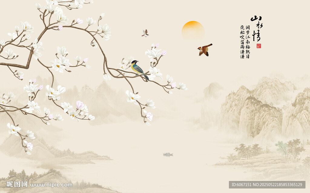 新中式工笔兰花花鸟画背景墙