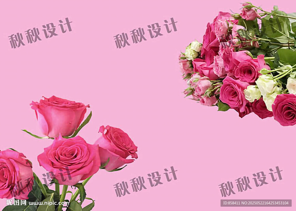粉色背景的多彩玫瑰花束