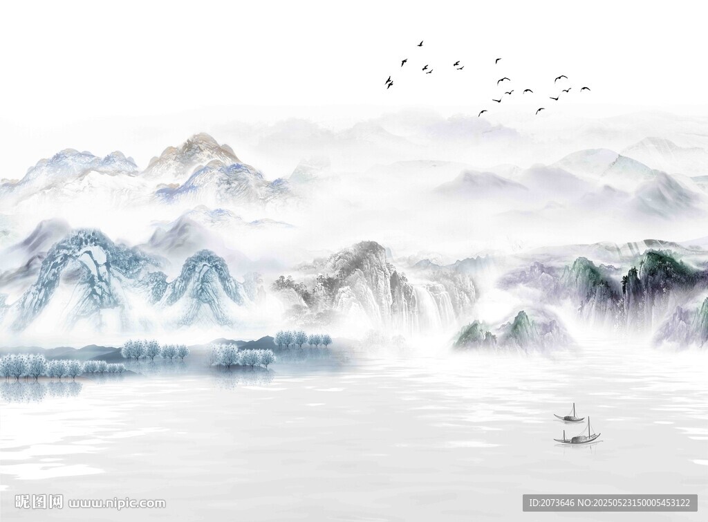 新中式蓝调山水画岩板定制图案