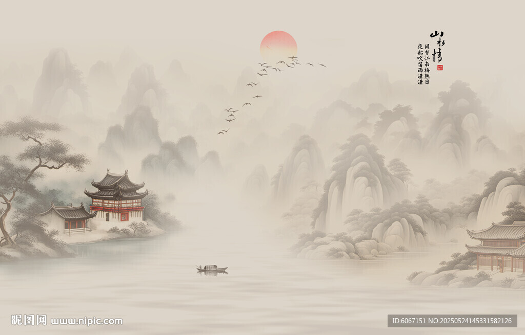 新中式禅意水墨山水画背景墙壁纸