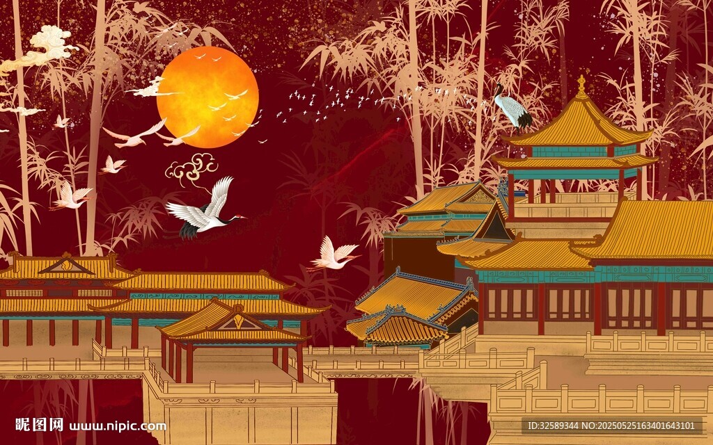 新中式竹林阁楼背景墙
