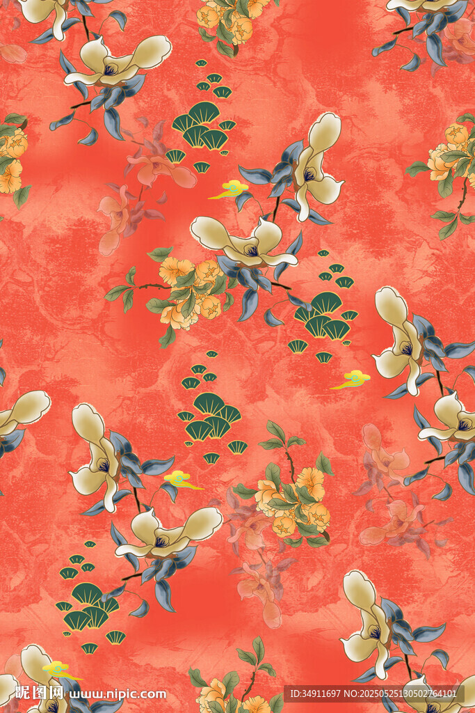 橙底花卉昆虫图案纹理