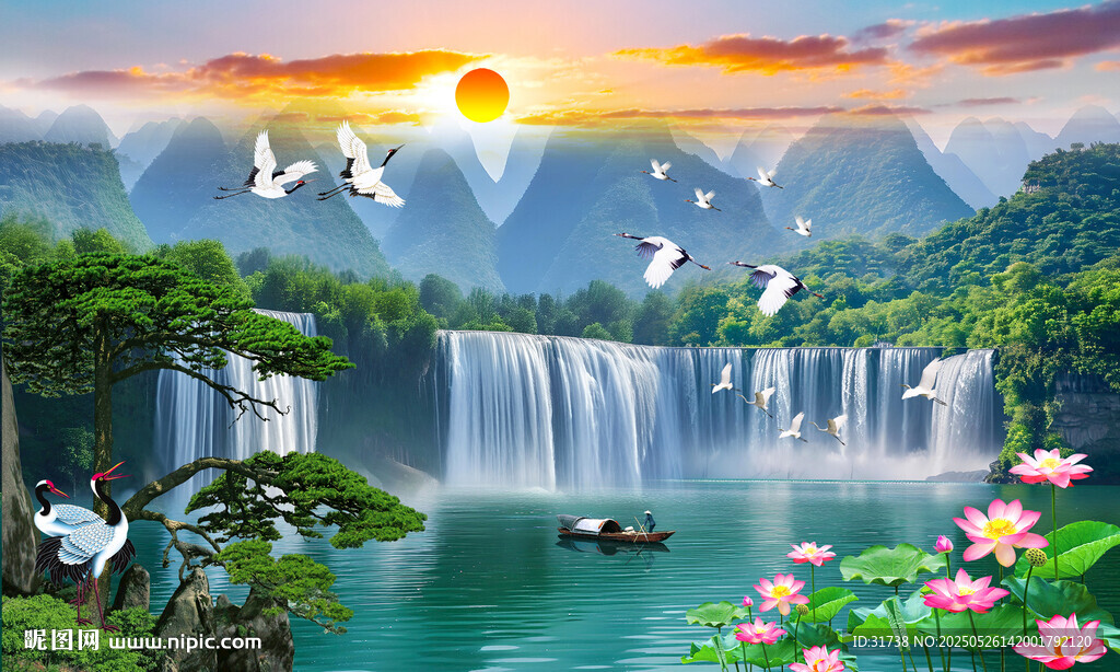 高山流水瀑布山水画