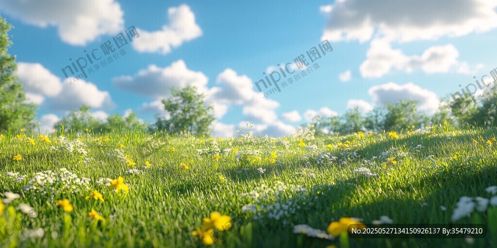 蓝天白云下的清新草地