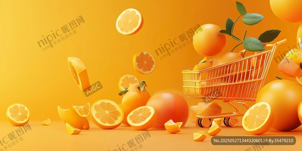 橙色购物车旁飞溅的鲜橙