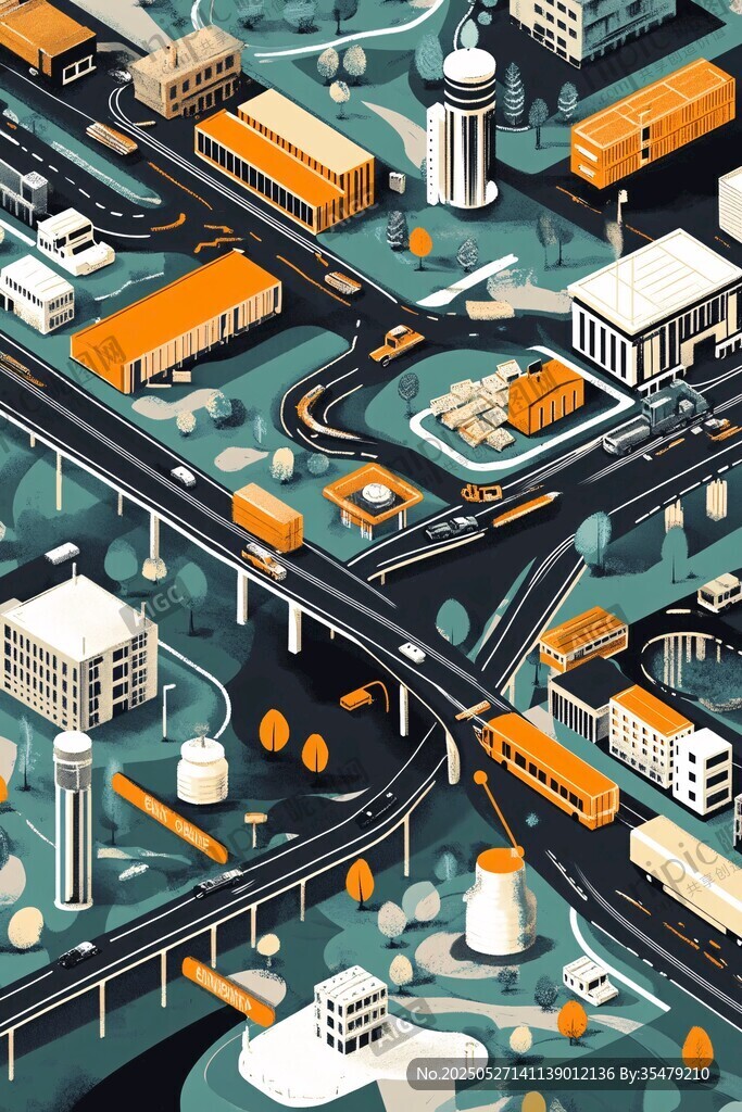 城市交通建筑插画景观