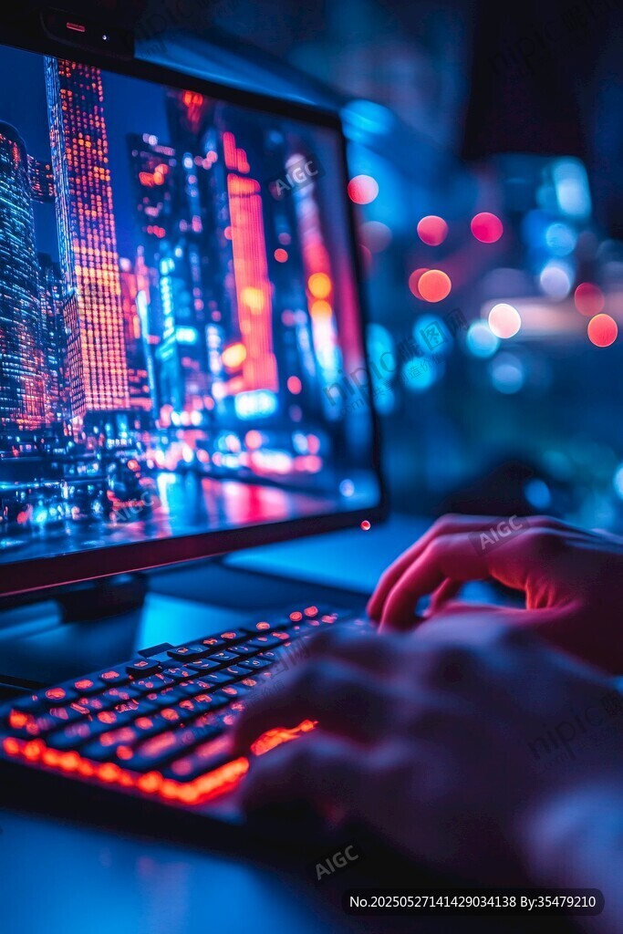 夜都市下的电脑前专注操作