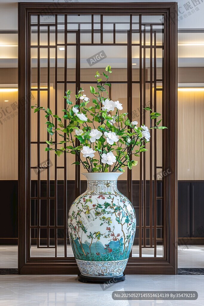 中式花瓶插花于古典屏风前
