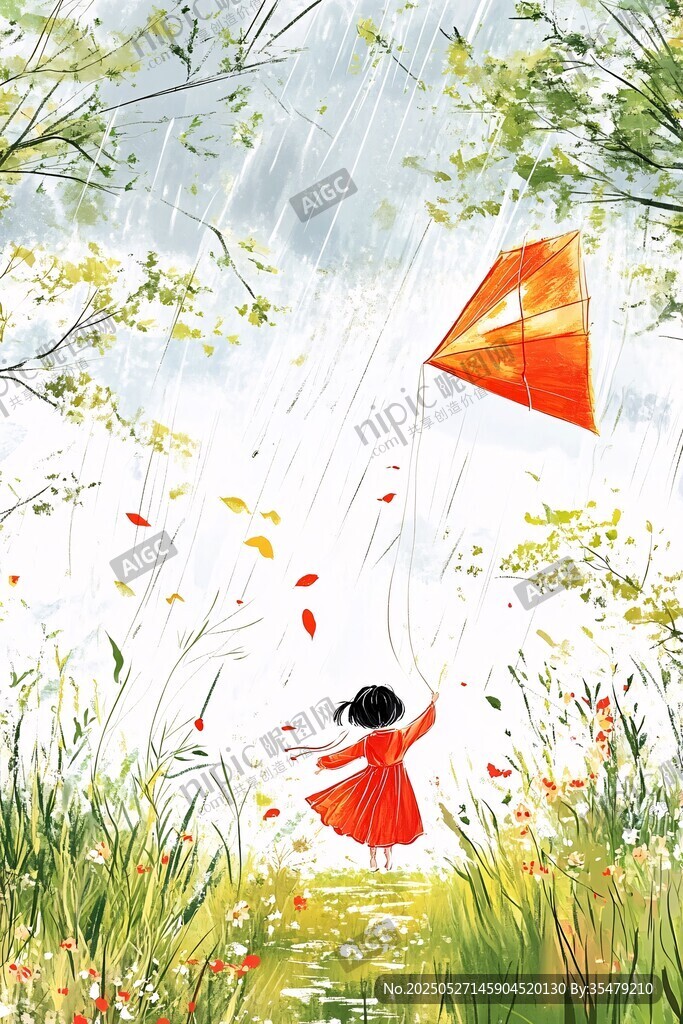 雨中红衣女孩放飞橙色风筝
