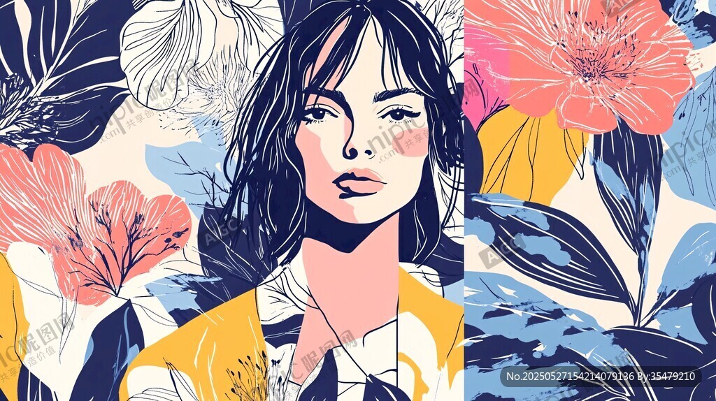 花卉环绕的时尚女性形象