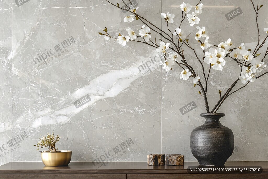 大理石前的花瓶与花卉摆件