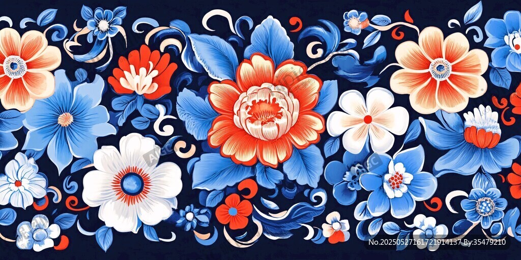中式蓝底花卉精美图案