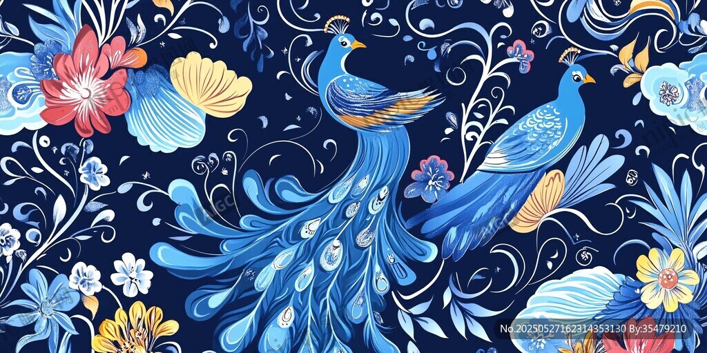 蓝底孔雀花卉精美图案