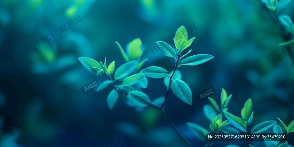 梦幻蓝调下的清新绿叶