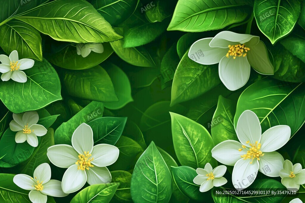 绿叶白花的清新花卉图景
