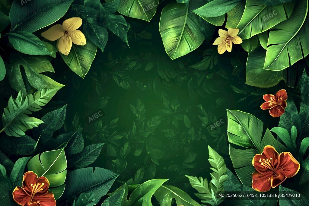 热带花卉绿叶边框背景图