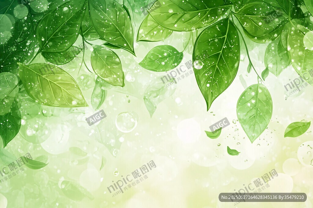 清新绿叶水滴背景图