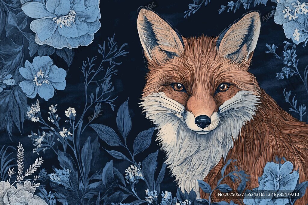 蓝花环绕的狐狸插画