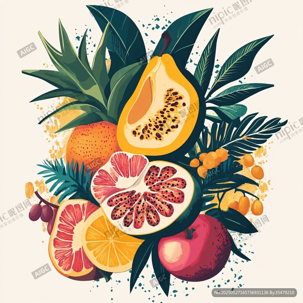 缤纷水果与绿叶的创意插画