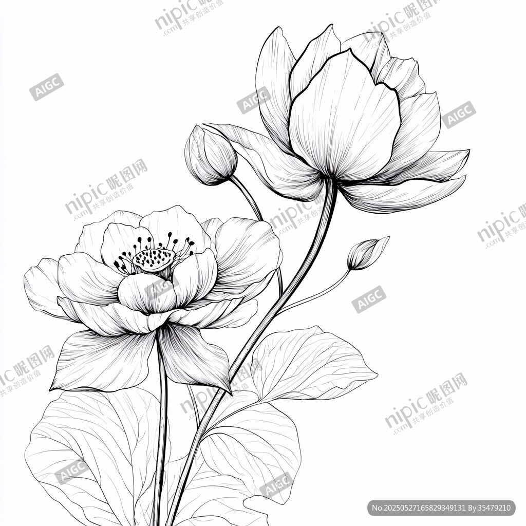 黑白手绘荷花花卉图