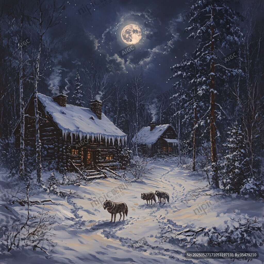 雪夜木屋旁的狼群景象