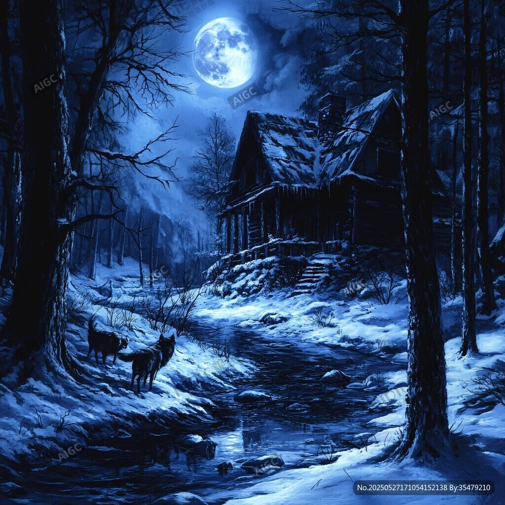 月夜雪林中的静谧小屋