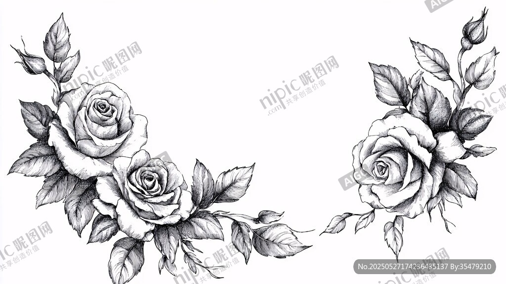 黑白手绘双朵玫瑰花饰