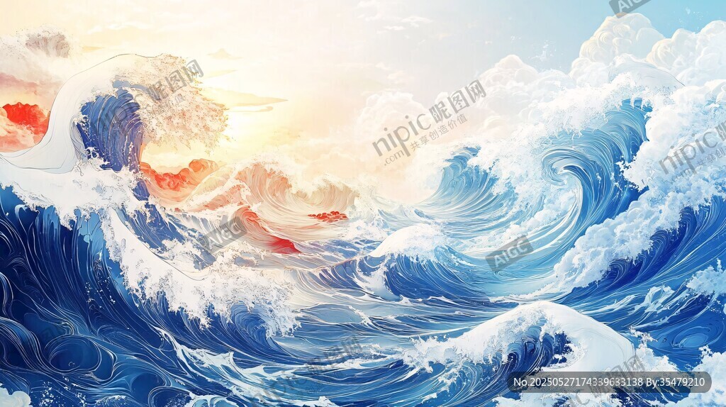 汹涌海浪与绚烂天际景观