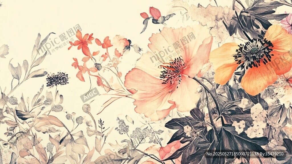 中式花卉水墨风插画