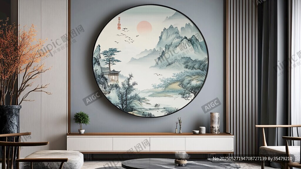 中式客厅的山水圆形挂画