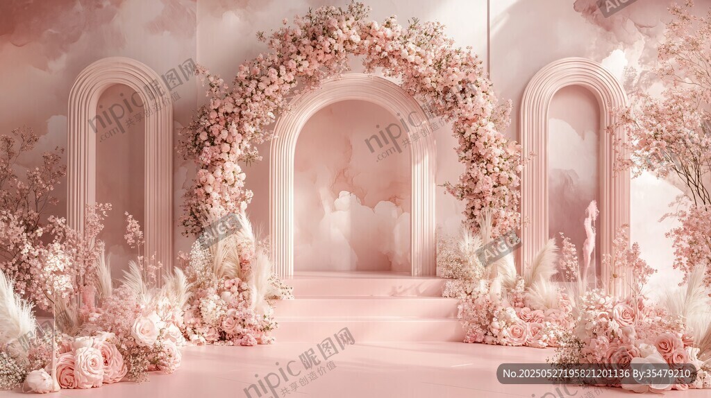 粉色浪漫花卉婚礼拱门场景