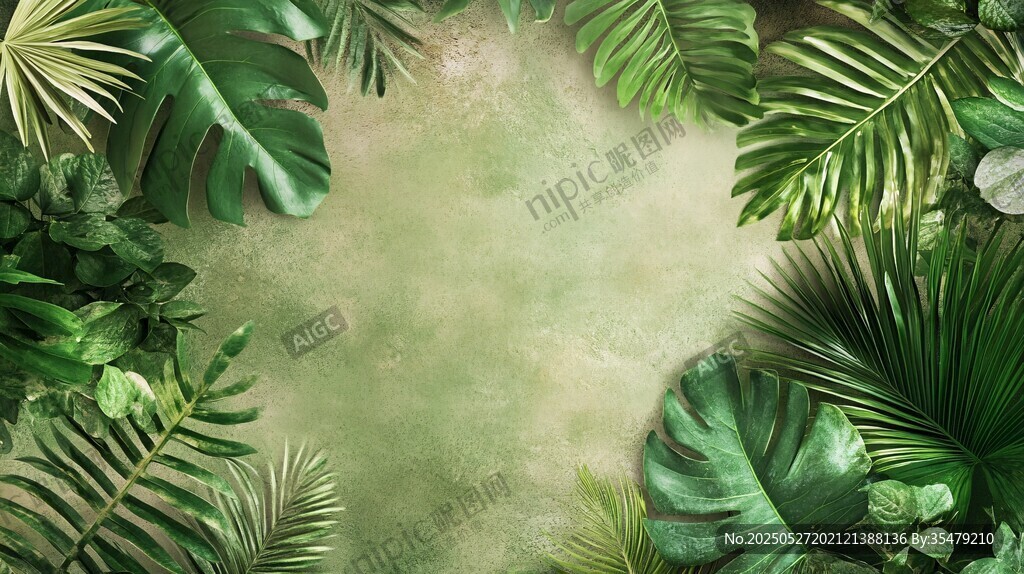 热带绿植环绕的清新背景