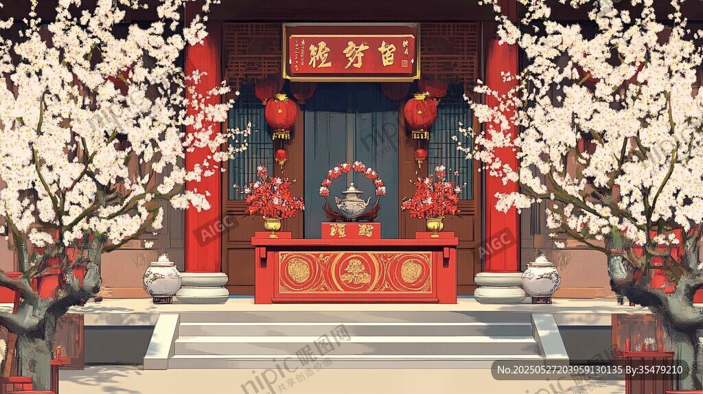 古雅中式厅堂春景图