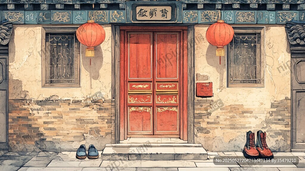 古旧红门旁的双份鞋履