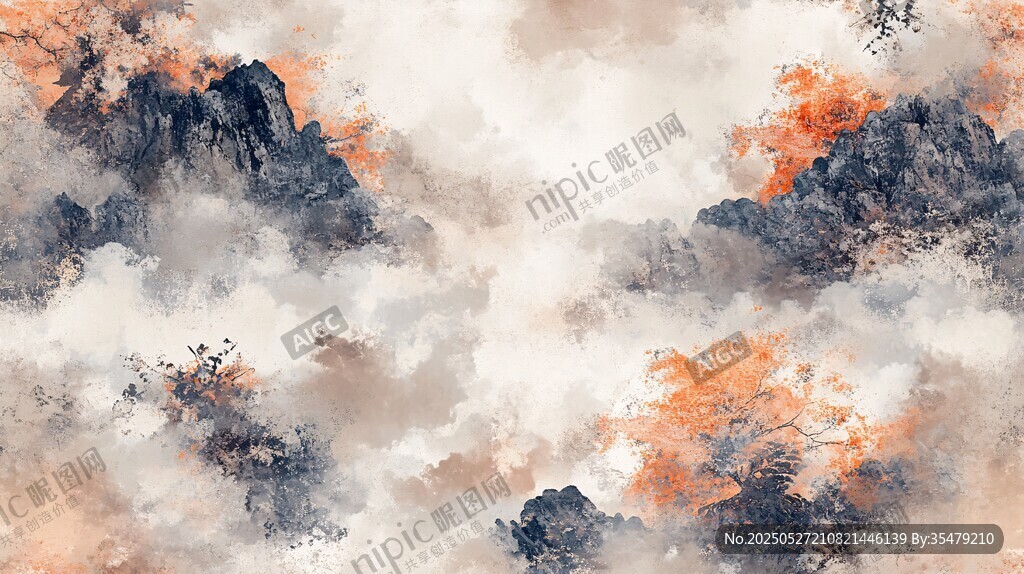 水墨云雾中的山峦景致