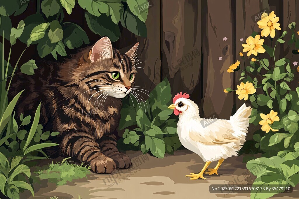 猫与鸡的林间奇妙对视