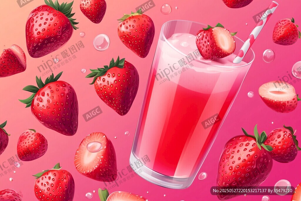 草莓果汁插画 清新甜蜜感