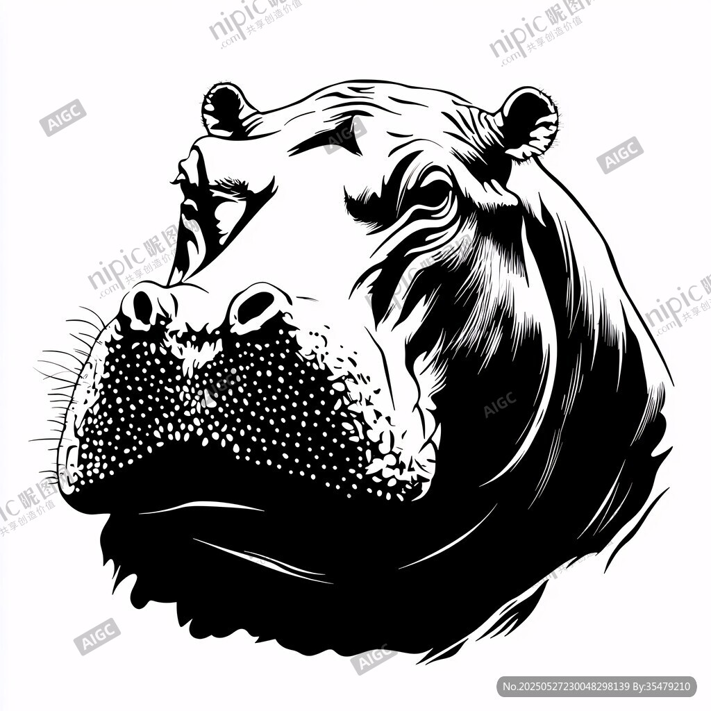 黑白河马头像插画