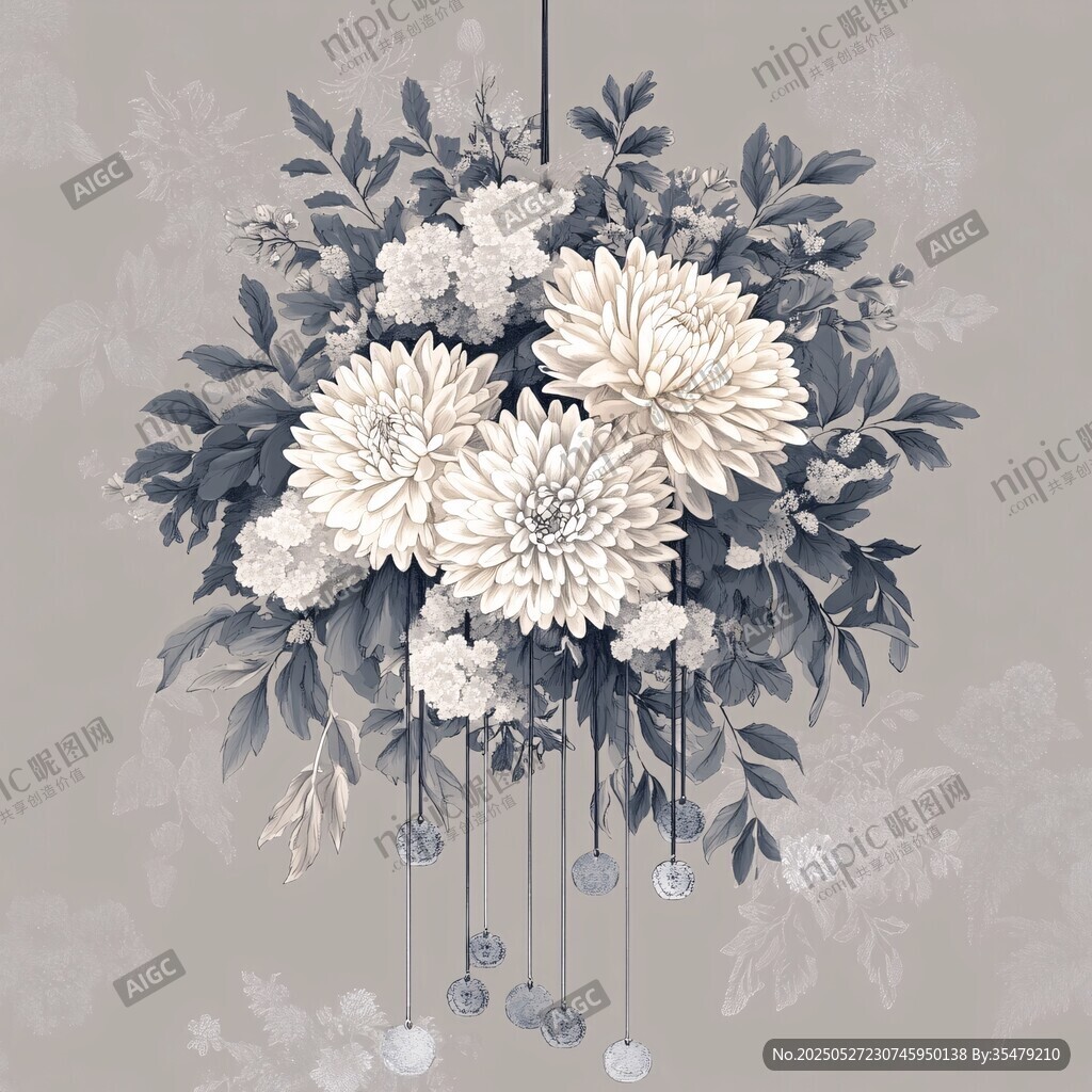水墨风花卉悬挂装饰插画