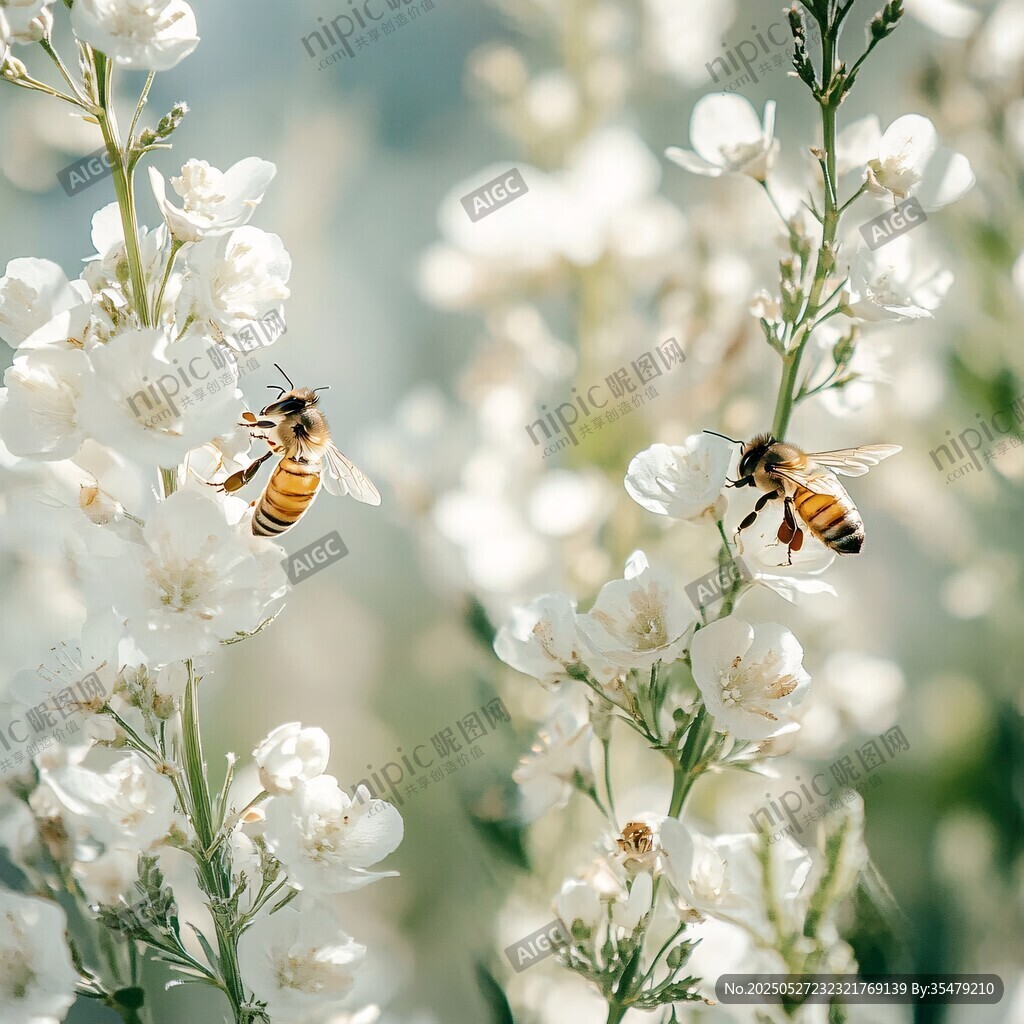 蜜蜂于白花间忙碌采蜜