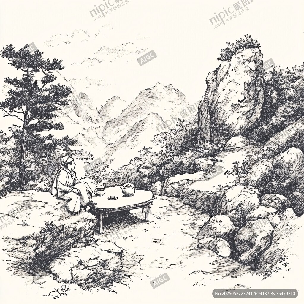 山中雅士悠然品茶图