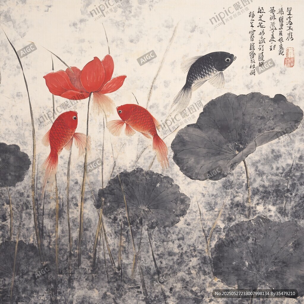 水墨金鱼戏红莲