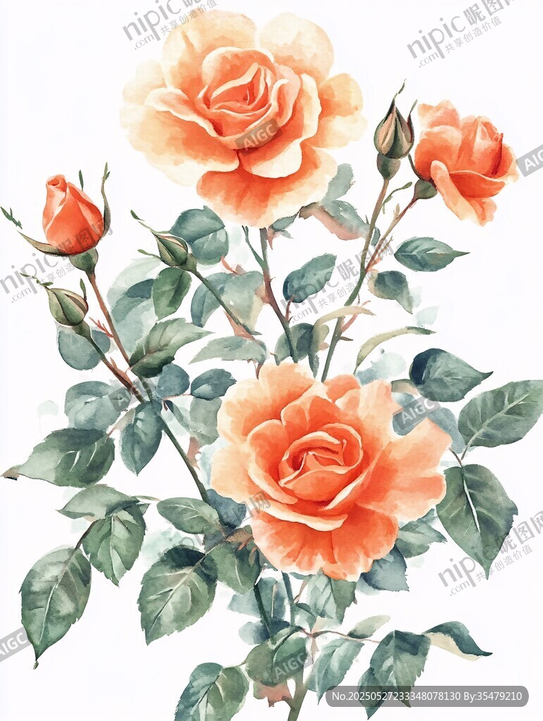 橙色玫瑰水彩插画