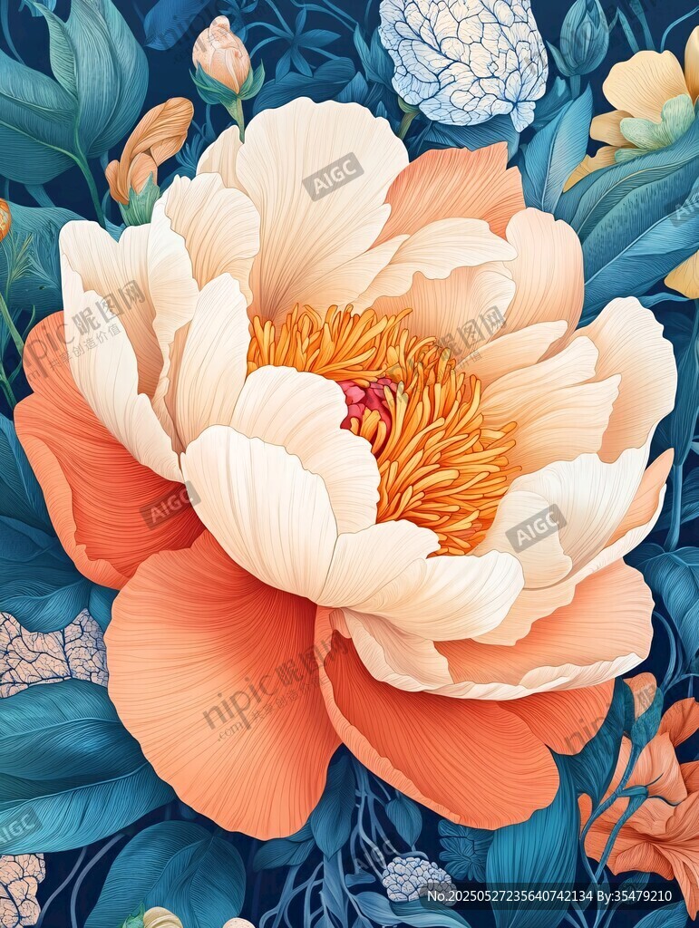 艳丽牡丹花卉插画艺术